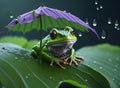 green frog hidden in leaves with raindrops in the bloom, ai generative