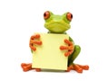 Green frog holding a yellow note Royalty Free Stock Photo