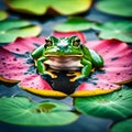 green frog jumps on colorful lily pads during rainy days