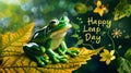 Green frog on the leaf, Happy Leap Day text, 29 February Leap Year Day Concept