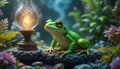Green Frog Gazing at Lamp with Light on Stone in Garden Royalty Free Stock Photo