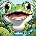 Green frog pond happy funny face comic coloring book