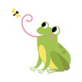 Green Frog with Protruding Eyes Catching Fly with Its Long Tongue Vector Illustration Royalty Free Stock Photo