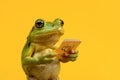 Green Frog Reading Sticky Note Against Vibrant Yellow Background Royalty Free Stock Photo