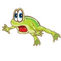 Green frog scared with big eyes jumping, cartoon illustration, isolated object on white background, vector