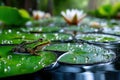 Green frog on lily pad with water drops Royalty Free Stock Photo