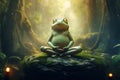 Green frog sits in meditation to calm his mind in the forest. Amphibian, Illustration, Generative AI