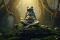 Green frog sits in meditation to calm his mind in the forest. Amphibian, Illustration, Generative AI