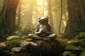 Green frog sits in meditation to calm his mind in the forest. Amphibian, Illustration, Generative AI