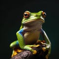 Green frog sitting on top of tree branch. It is positioned in center, with its eyes looking upwards towards camera or Royalty Free Stock Photo