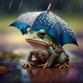 Green frog sitting under an umbrella with raindrops, rainy weather, puddle on the ground, amphibian animal