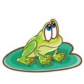 Green frog sitting on a water lily leaf, cartoon illustration, isolated object on a white background, vector Royalty Free Stock Photo