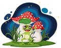 Green Frog Standing in Front of Fantasy Mushroom Royalty Free Stock Photo