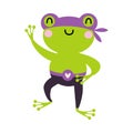 Green Frog Superhero Dressed in Mask Waving Paw Vector Illustration