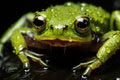 A green frog with water droplets on its body. Generative AI image. Royalty Free Stock Photo