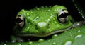 A green frog with water droplets on its face. Generative AI image. Royalty Free Stock Photo