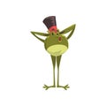 Green frog wearing black top hat, funny amfibian animal cartoon character vector Illustration on a white background Royalty Free Stock Photo