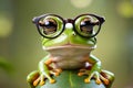 A green frog wearing spectacles sits on a leaf with a thoughtful expression Royalty Free Stock Photo