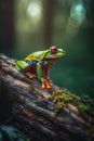 green frog on a wood trunk