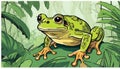 A green frog with yellow eyes sitting on a leaf