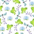 Green frogs, blue dragonflies and blue lake flowers pattern. Watercolor.