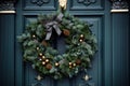 Green front door with Christmas wreath and street festive decorations on holidays Royalty Free Stock Photo