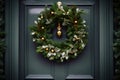 Green front door with Christmas wreath and street festive decorations on holidays Royalty Free Stock Photo