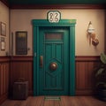 Green front door in hotel corridor. Lamp, title on wall, wooden wall panels. Room entrance doors, retro style interior Royalty Free Stock Photo