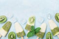 Green frozen fruity popsicles or homemade ice cream with yogurt and kiwi smoothie top view. Summer food. Royalty Free Stock Photo