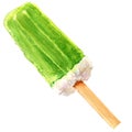 Green fruit ice cream on wooden stick isolated, watercolor illustration