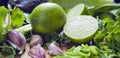 Green fruit and vegetable - wooden board with green food  ingredients: garlic, avocado, lime, mint, cilantro, leek, green chili Royalty Free Stock Photo