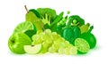 Green fruits and vegetables: apple, lime, grapes, capsicum, pear, peas, cousa squash, broccoli.