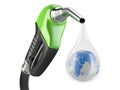 Green fuel pump nozzle and drop water with earth. Royalty Free Stock Photo