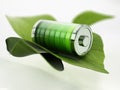 Green full battery icon and green leaves. 3D illustration