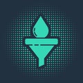 Green Funnel or filter and motor oil drop icon isolated on blue background. Abstract circle random dots. Vector