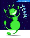 Green funny cartoon style alien with sturry sky