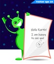 Green funny cartoon style alien with sturry sky