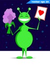 Green funny cartoon style alien with sturry sky