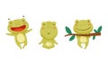 Green funny frog characters in different activities set. Cute toad amphibian animal cartoon vector illustration Royalty Free Stock Photo