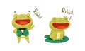 Green funny frog characters set. Cute croaking toad amphibian animal cartoon vector illustration
