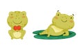 Green funny frog characters set. Cute happy toad amphibian animal cartoon vector illustration Royalty Free Stock Photo