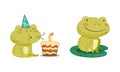 Green funny frog characters set. Cute toad amphibian animal blowing candle on birthday cake and sitting on lotus leaf Royalty Free Stock Photo