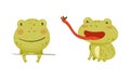 Green funny frog characters set. Cute toad amphibian animal catching fly with tongue and peeking out from behind the Royalty Free Stock Photo