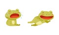 Green funny frog characters set. Cute toad amphibian animal crying and jumping cartoon vector illustration Royalty Free Stock Photo