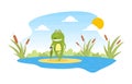 Green Funny Frog Standing with Umbrella on Leaf in Pond, Cute Amphibian Creature Character Posing on Lily Pad Cartoon Royalty Free Stock Photo