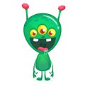 Green funny happy cartoon alien. Green vector alien character with three eyes Royalty Free Stock Photo