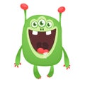 Green funny happy cartoon monster. Green vector alien character. Halloween design.