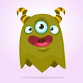 Green funny happy cartoon monster. Green vector alien character with three eyes. Halloween design. Royalty Free Stock Photo