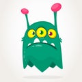 Green funny happy cartoon monster. Green vector alien character with three eyes. Halloween design. Royalty Free Stock Photo