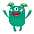 Green funny happy cartoon monster. Green vector alien character with three eyes. Halloween design. Royalty Free Stock Photo